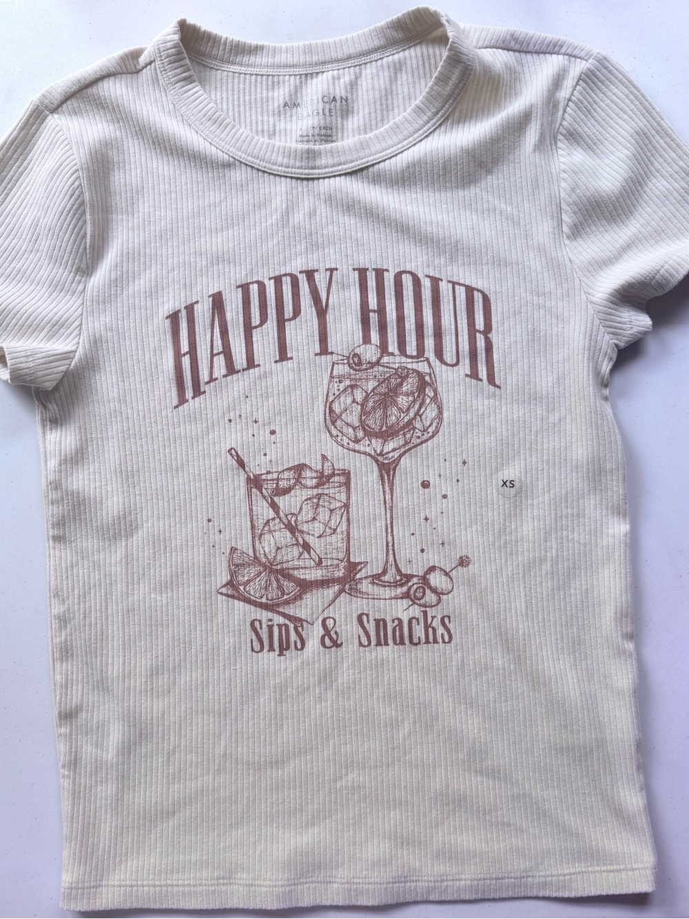 American Eagle Outfitters Cream Ribbed 'Happy Hour' Graphic Tee